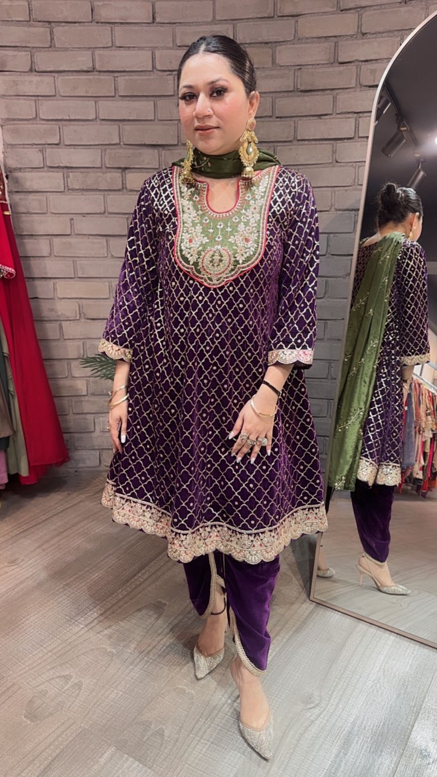 Nushrat purple Green peplum velvet Suit