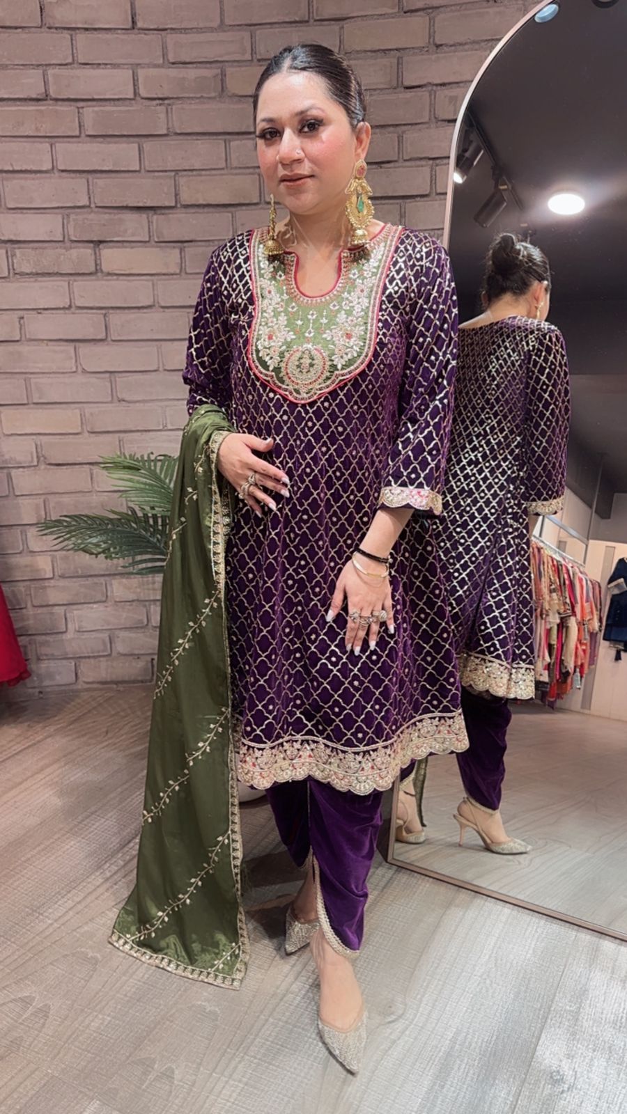 Nushrat purple Green peplum velvet Suit