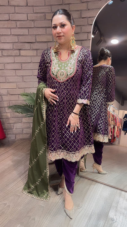 Nushrat purple Green peplum velvet Suit