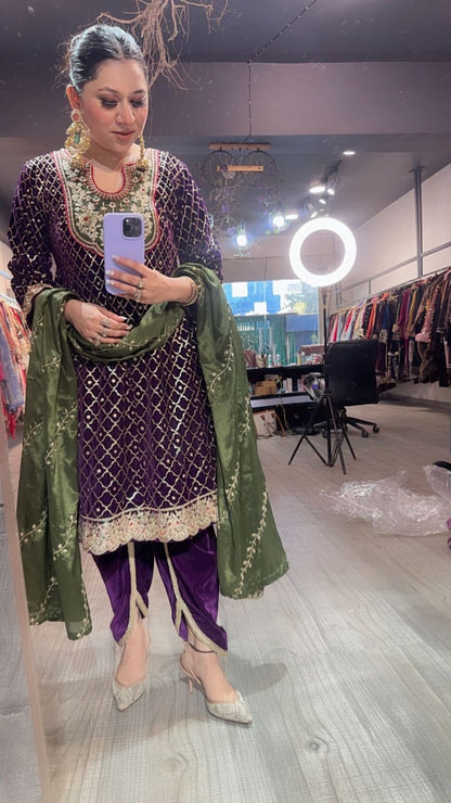 Nushrat purple Green peplum velvet Suit