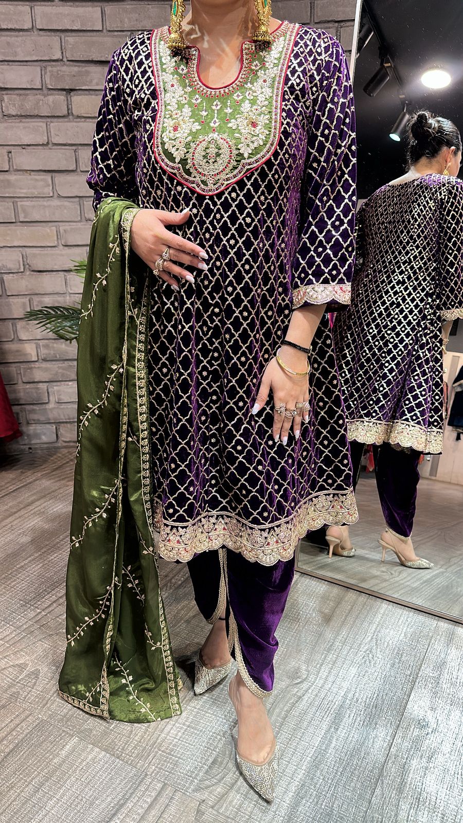 Nushrat purple Green peplum velvet Suit