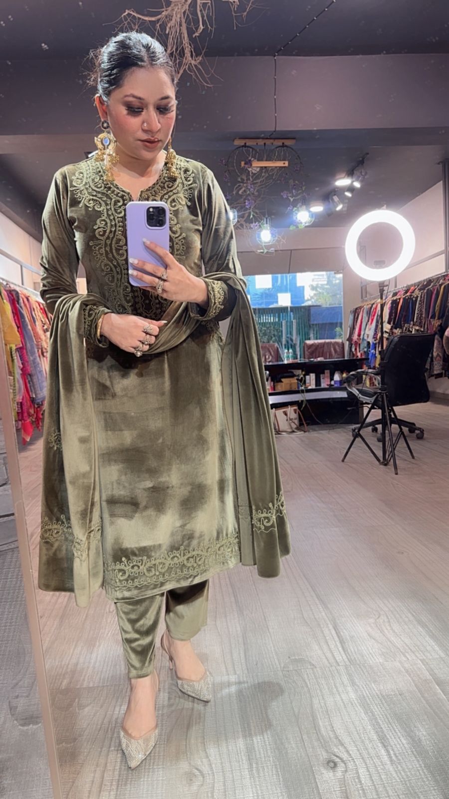 Mutyaar Olive Green velvet Suit