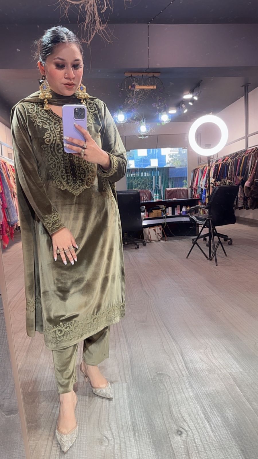 Mutyaar Olive Green velvet Suit