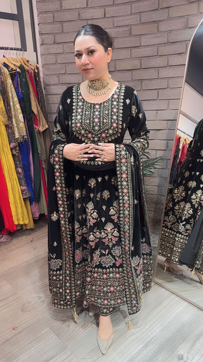 Lodhi Black Floral Emboss Velvet Anarkali