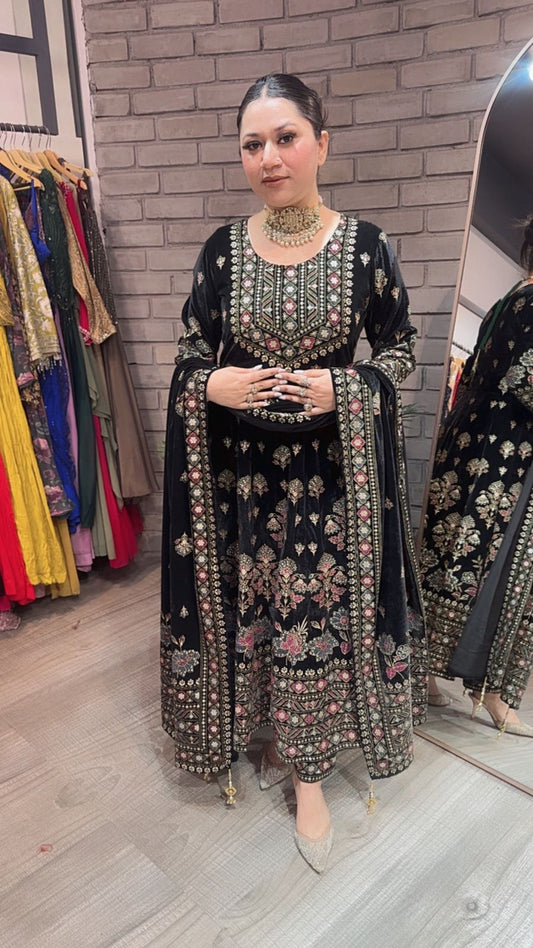 Lodhi Black Floral Emboss Velvet Anarkali