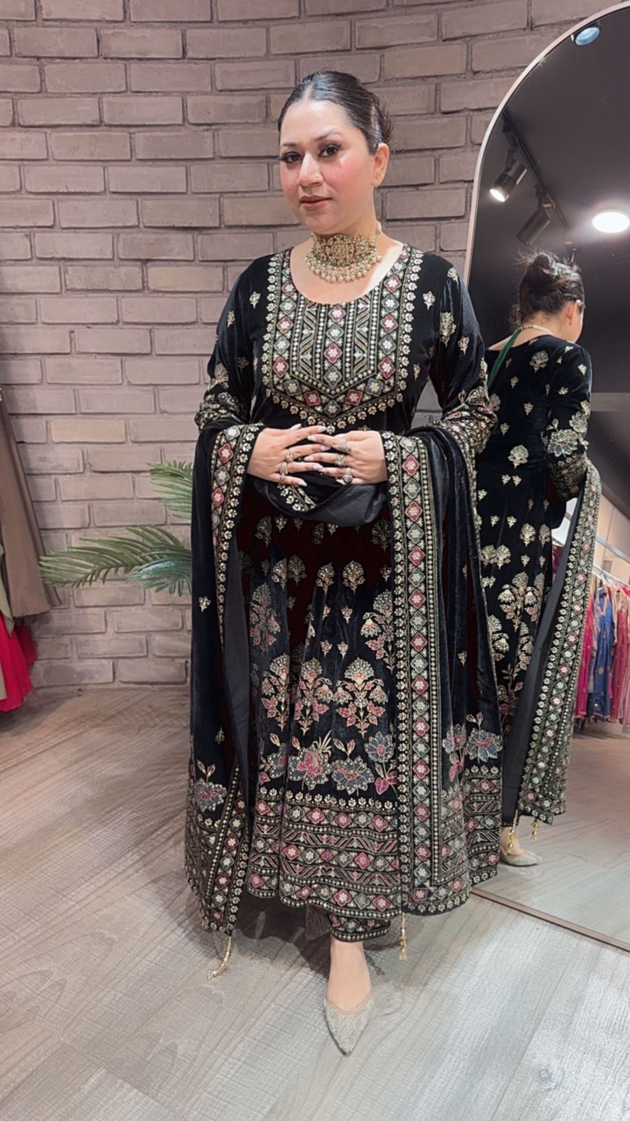 Lodhi Black Floral Emboss Velvet Anarkali