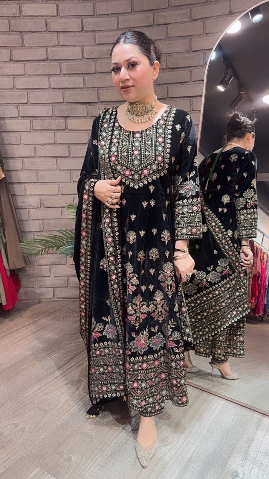 Lodhi Black Floral Emboss Velvet Anarkali