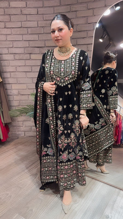 Lodhi Black Floral Emboss Velvet Anarkali