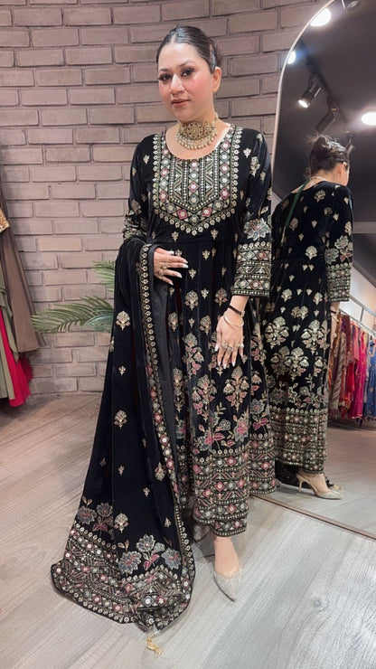 Lodhi Black Floral Emboss Velvet Anarkali