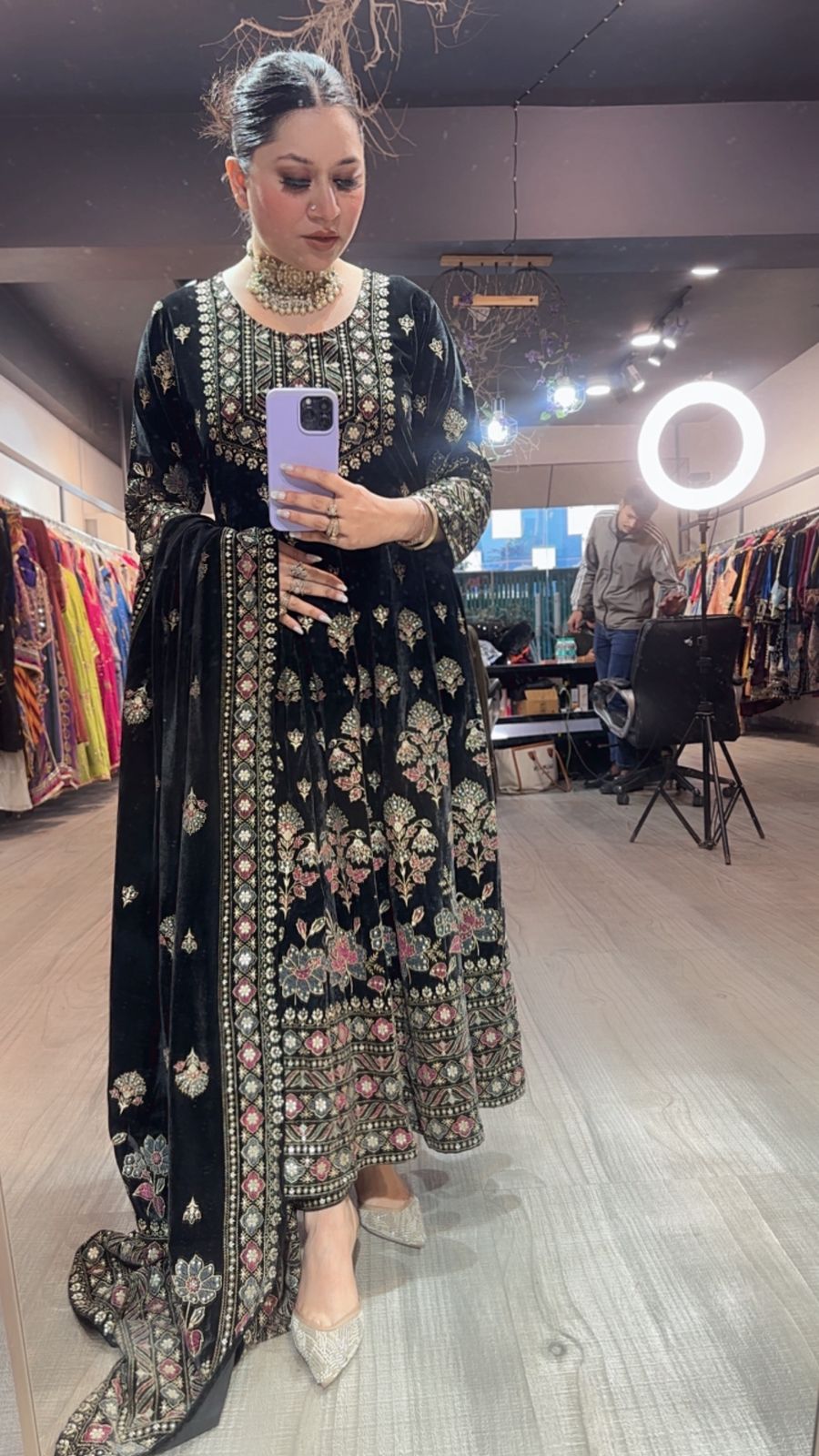 Lodhi Black Floral Emboss Velvet Anarkali