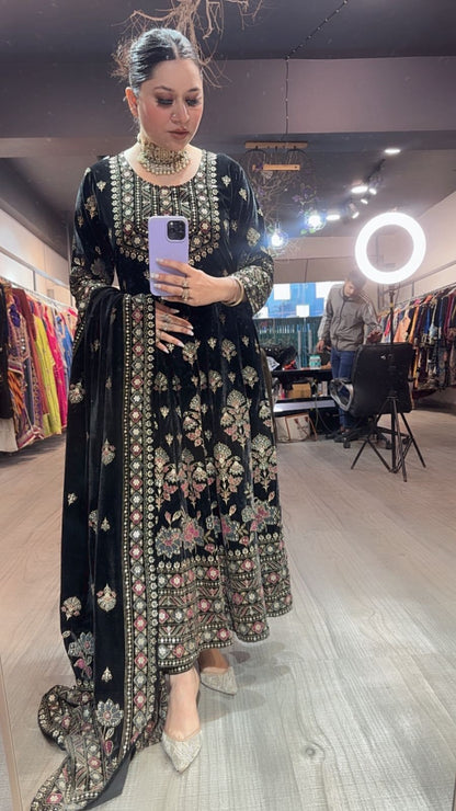 Lodhi Black Floral Emboss Velvet Anarkali