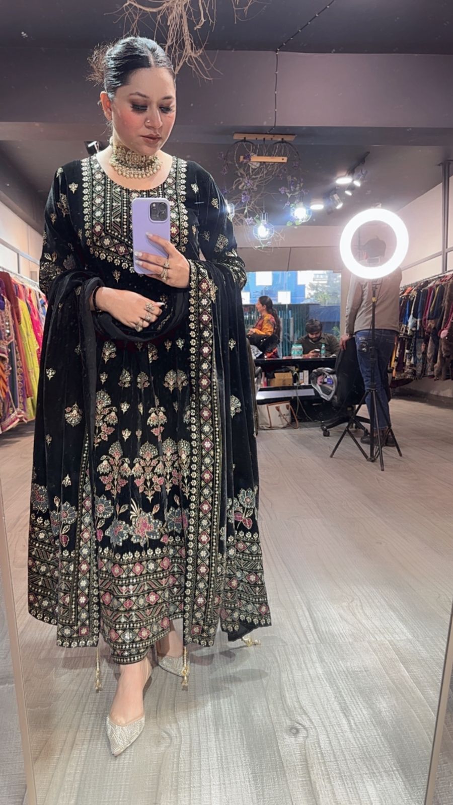 Lodhi Black Floral Emboss Velvet Anarkali