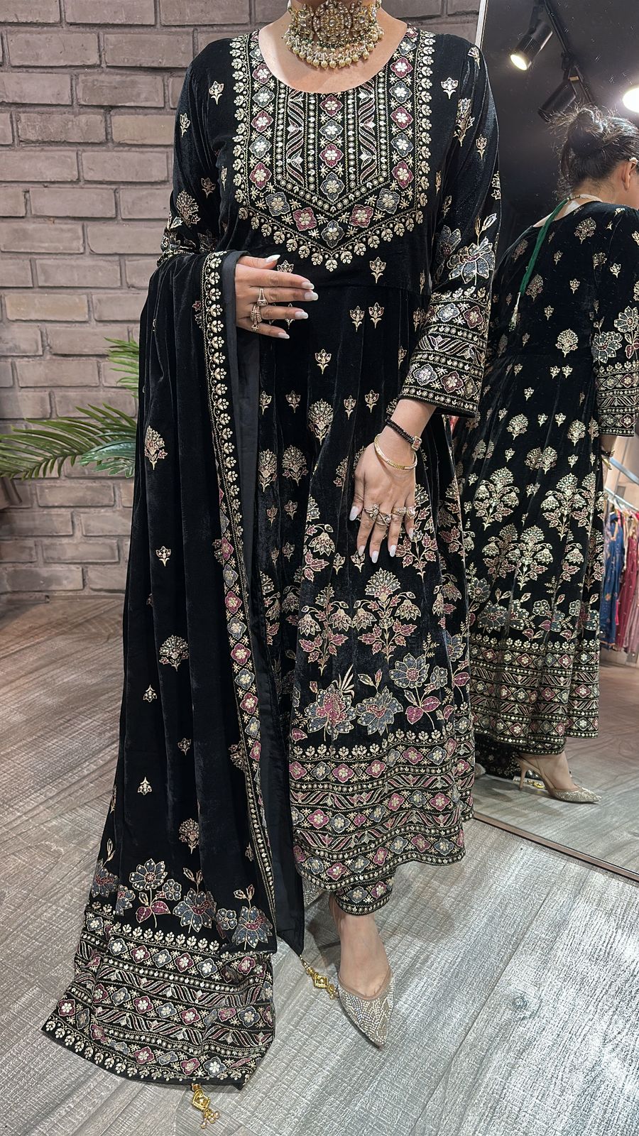 Lodhi Black Floral Emboss Velvet Anarkali
