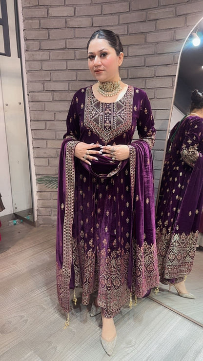 Sahiba wine Emboss Velvet Anarkali