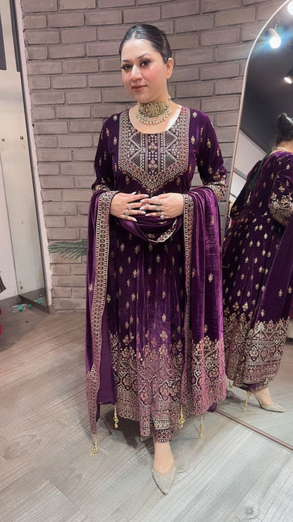 Sahiba wine Emboss Velvet Anarkali