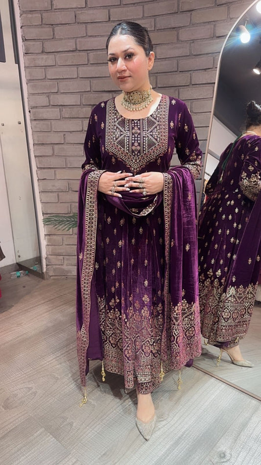 Sahiba wine Emboss Velvet Anarkali