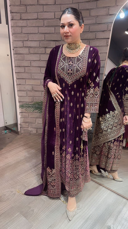 Sahiba wine Emboss Velvet Anarkali