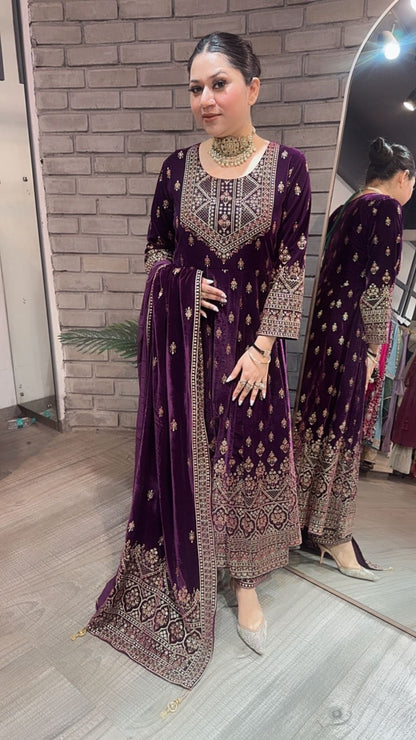Sahiba wine Emboss Velvet Anarkali