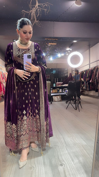 Sahiba wine Emboss Velvet Anarkali