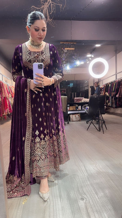 Sahiba wine Emboss Velvet Anarkali