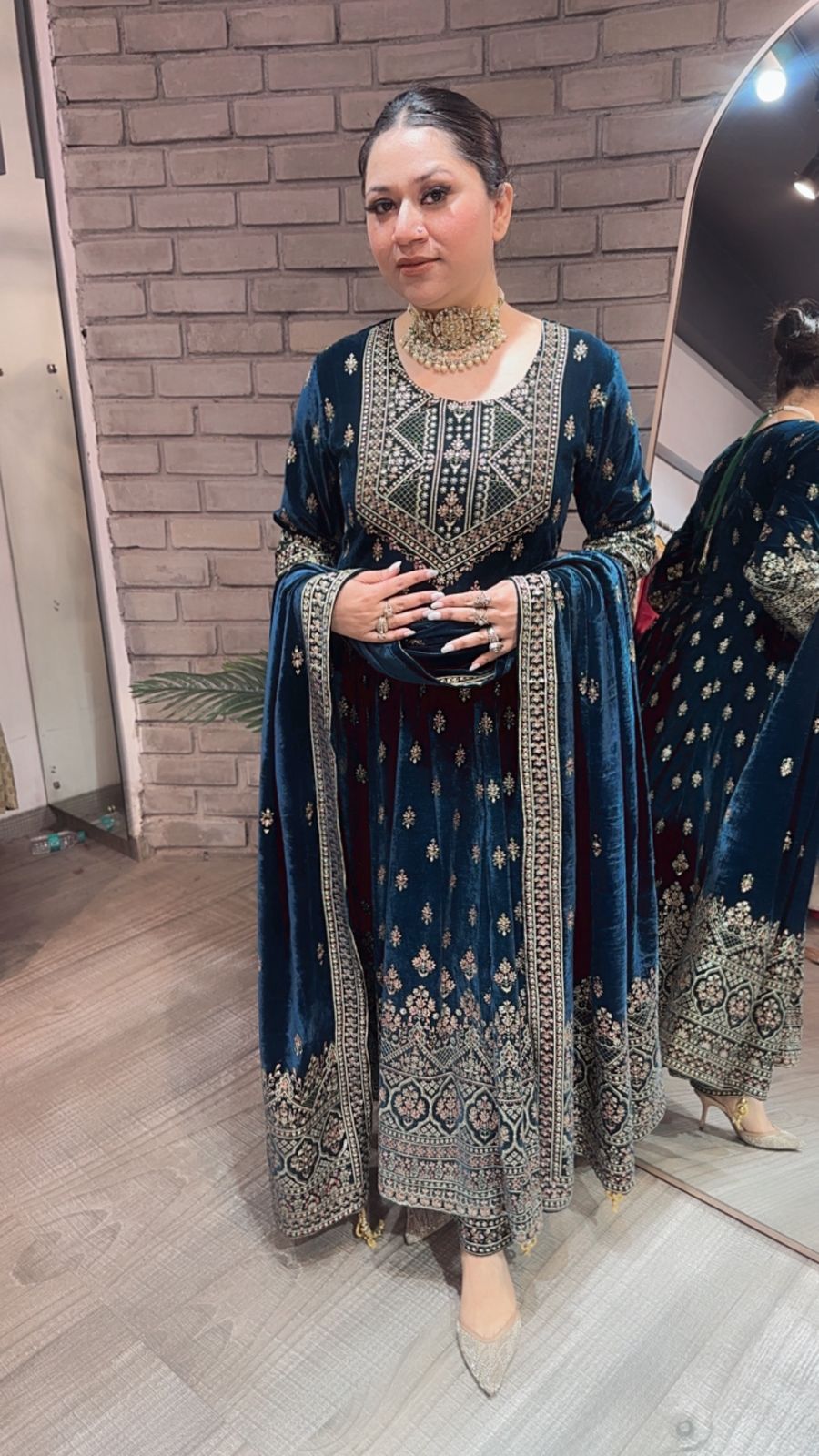 Sahiba Teal Blue Emboss Velvet Anarkali