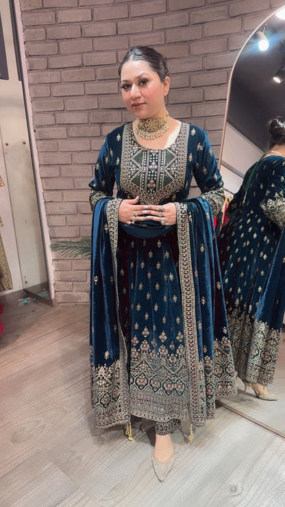 Sahiba Teal Blue Emboss Velvet Anarkali
