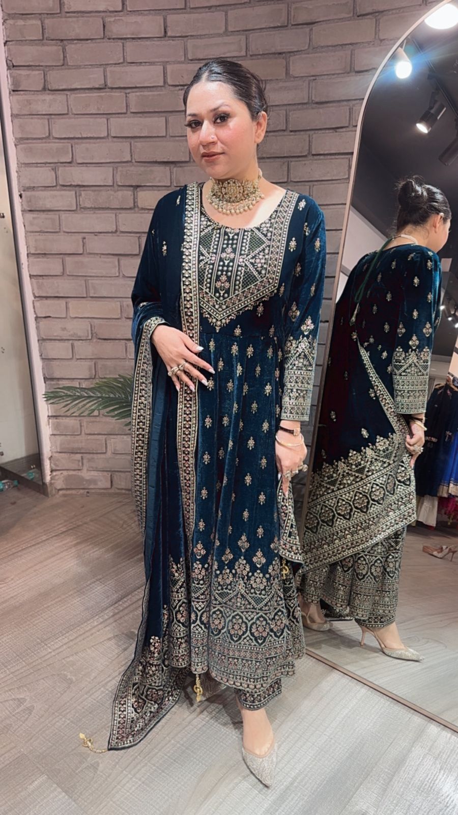 Sahiba Teal Blue Emboss Velvet Anarkali