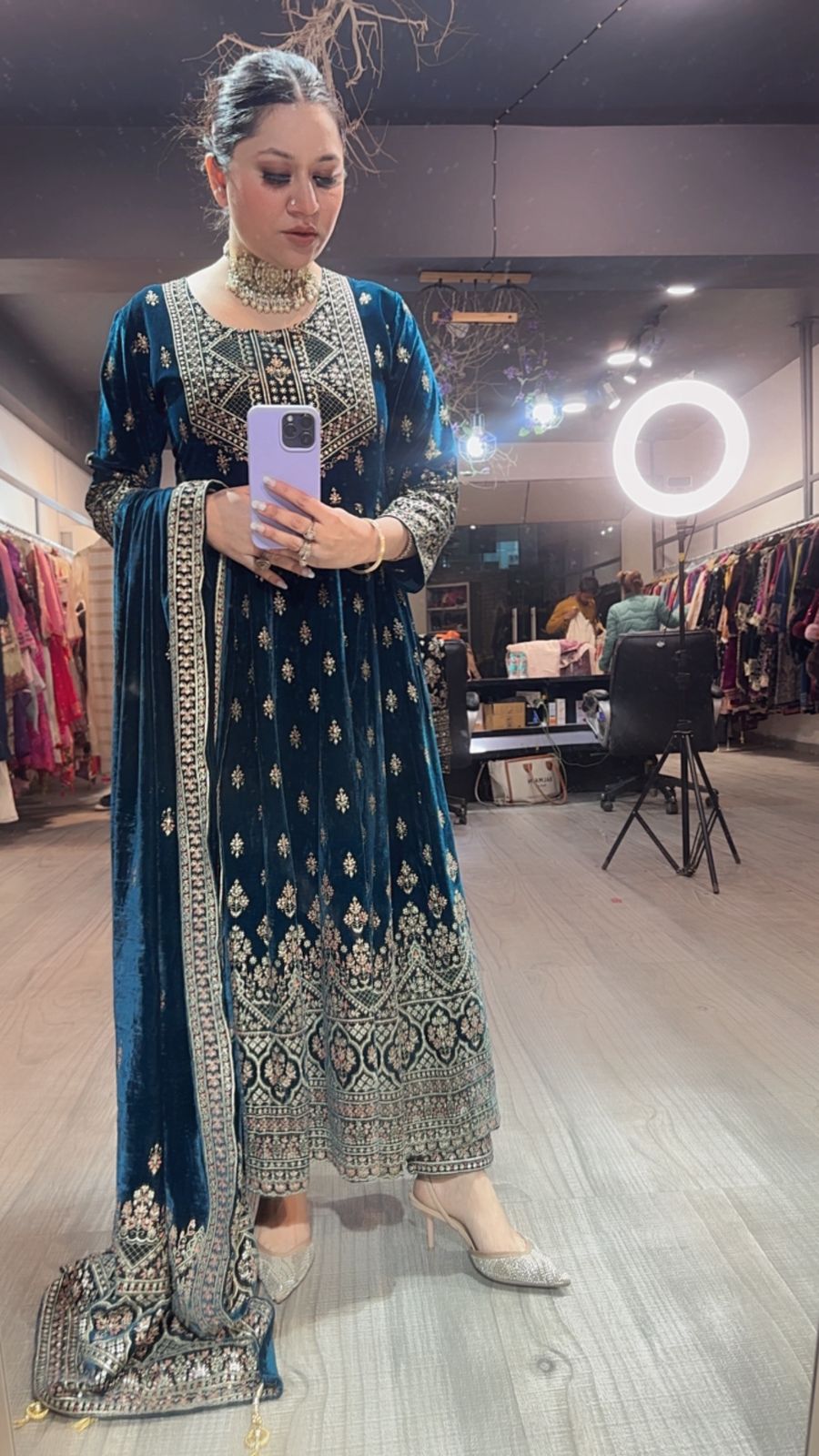 Sahiba Teal Blue Emboss Velvet Anarkali