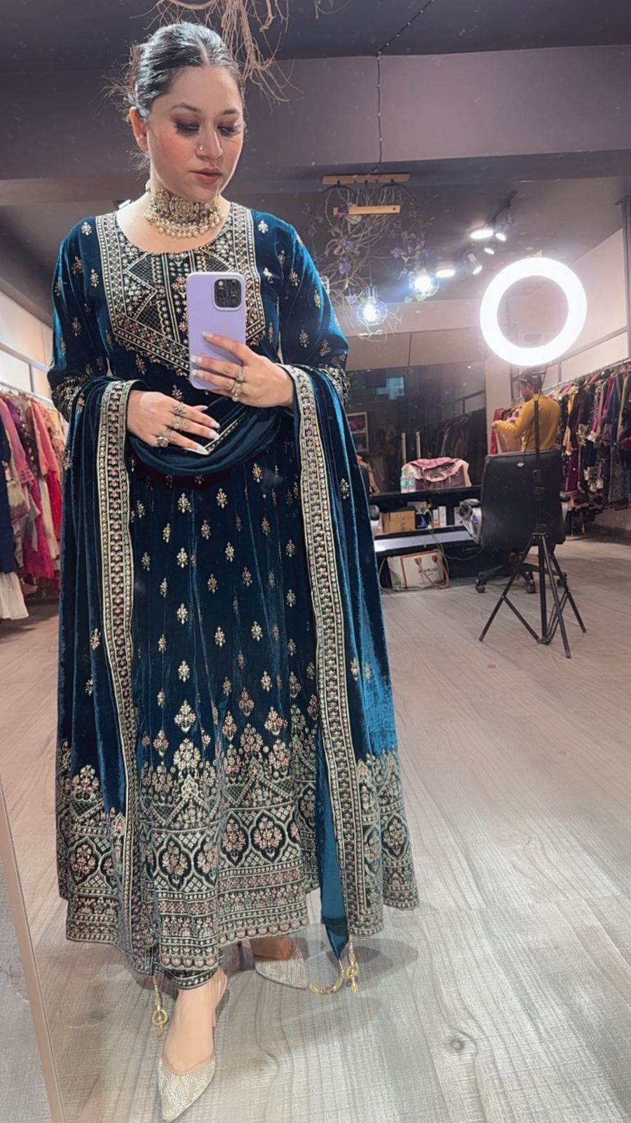 Sahiba Teal Blue Emboss Velvet Anarkali