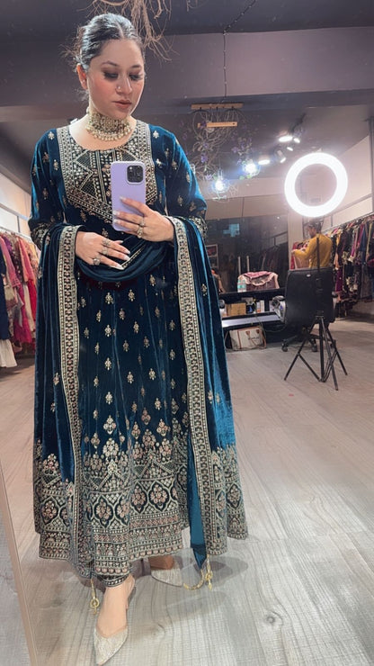 Sahiba Teal Blue Emboss Velvet Anarkali