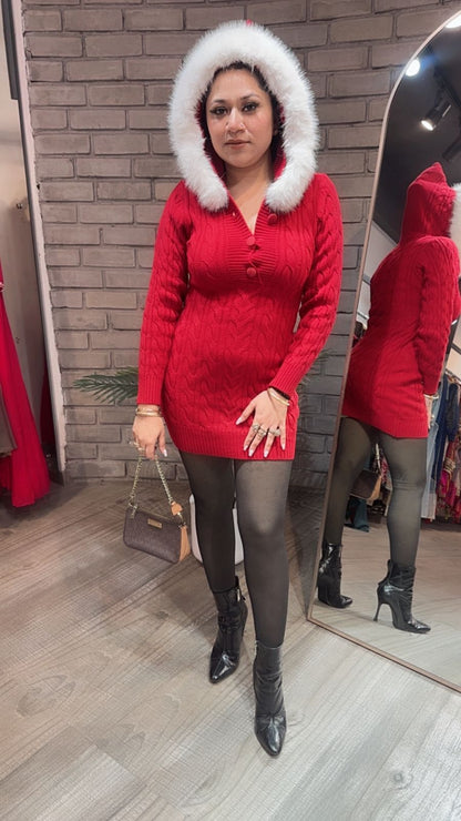 Zoofari Red Woolen Hoodie Dress