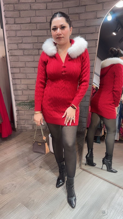 Zoofari Red Woolen Hoodie Dress