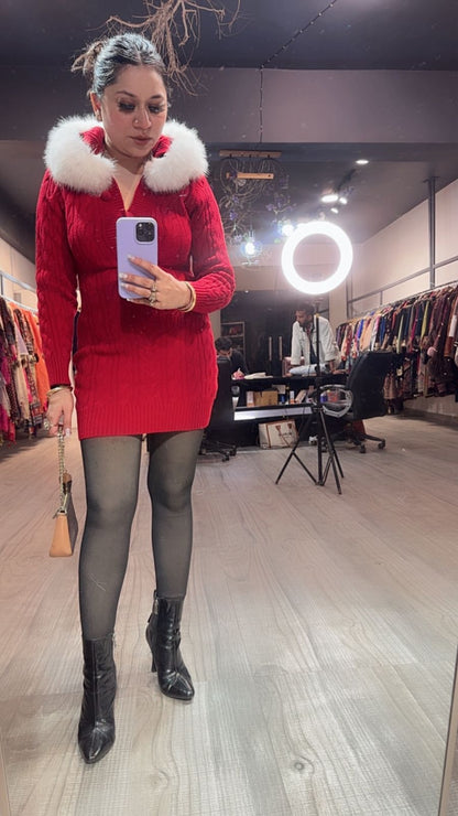 Zoofari Red Woolen Hoodie Dress