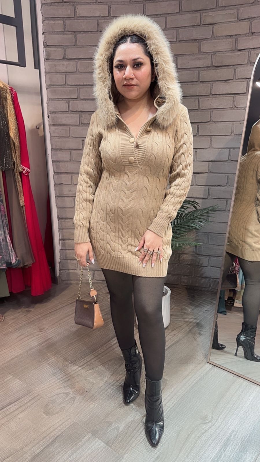 Zoofari Beige Woolen Hoodie Dress
