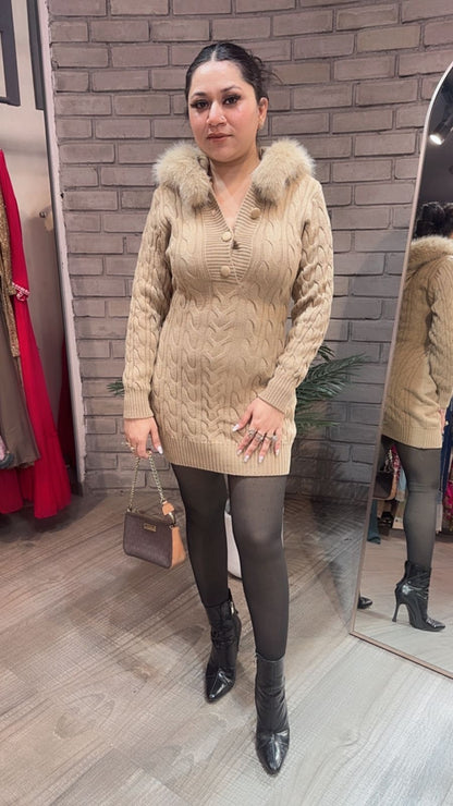 Zoofari Beige Woolen Hoodie Dress