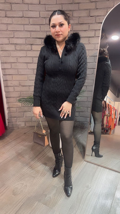 Zoofari Black Woolen Hoodie Dress