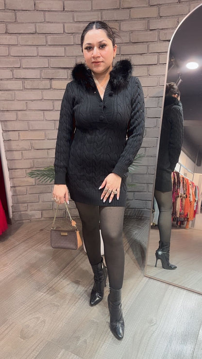 Zoofari Black Woolen Hoodie Dress