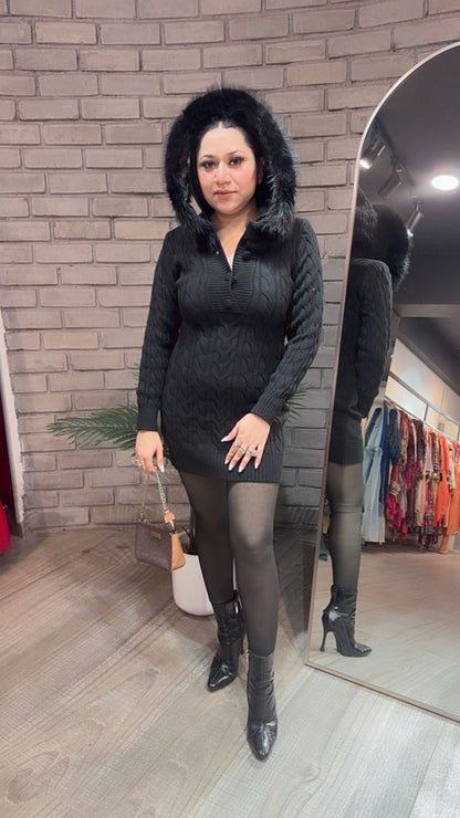 Zoofari Black Woolen Hoodie Dress