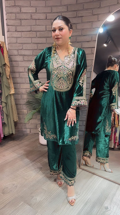 Zarish Bottle Green Velvet Cordset
