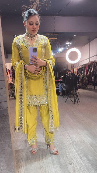 Ronak Yellow Mirror Designer suit