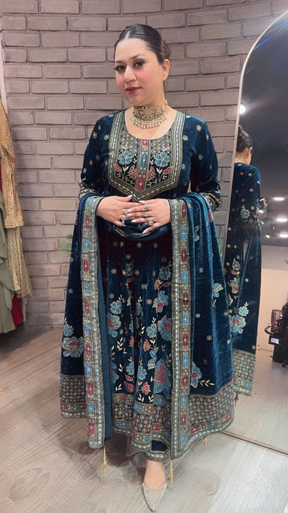 Inoor Teal Blue Floral Emboss Velvet Anarkali