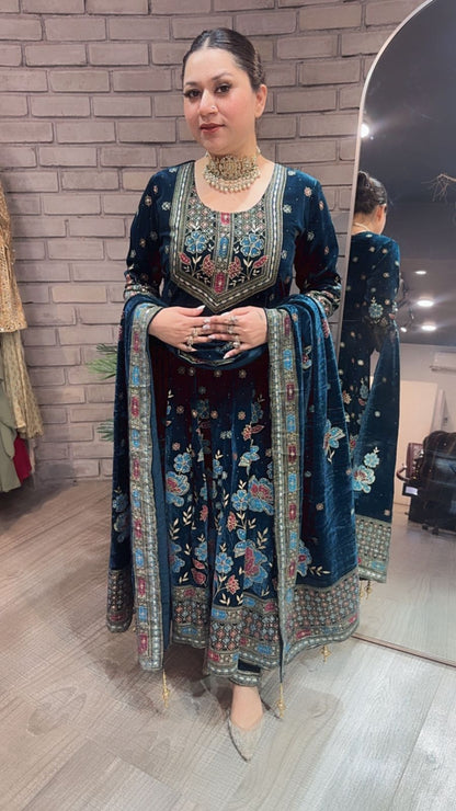 Inoor Teal Blue Floral Emboss Velvet Anarkali