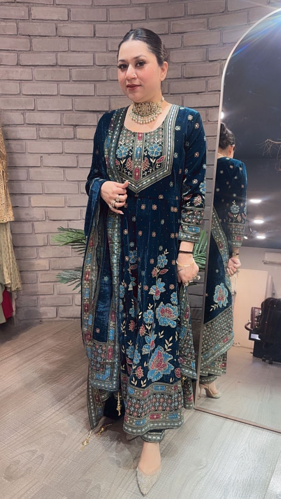 Inoor Teal Blue Floral Emboss Velvet Anarkali