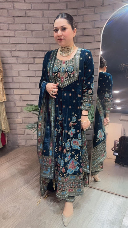 Inoor Teal Blue Floral Emboss Velvet Anarkali