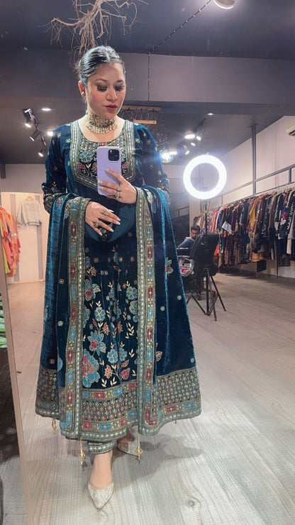 Inoor Teal Blue Floral Emboss Velvet Anarkali