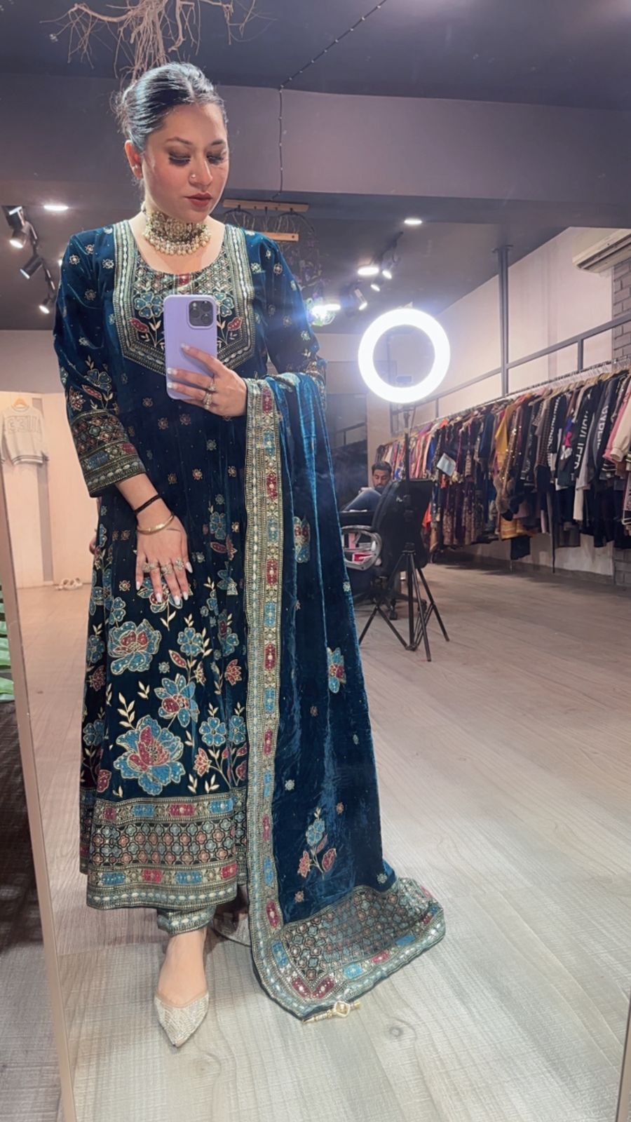 Inoor Teal Blue Floral Emboss Velvet Anarkali