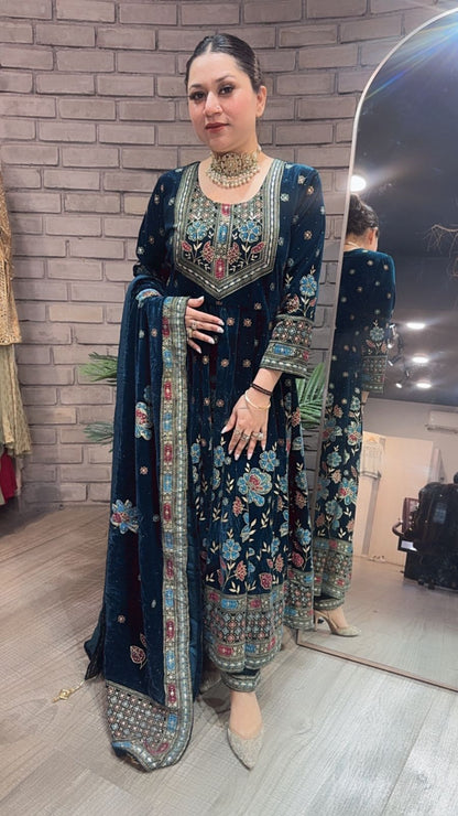 Inoor Teal Blue Floral Emboss Velvet Anarkali