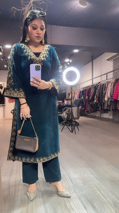 Miera Teal Blue pocket Woolen Cordset