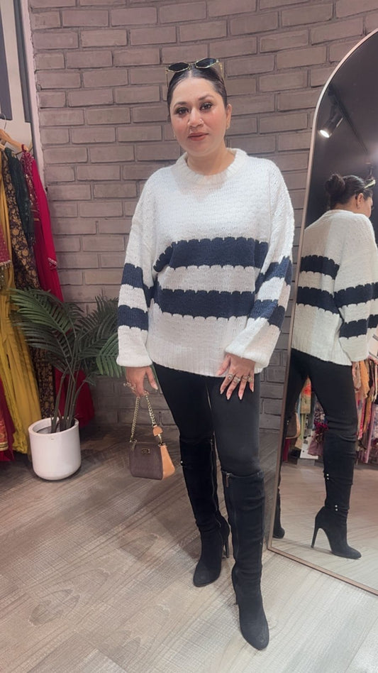 Soleil white Blue  Woolen Sweater