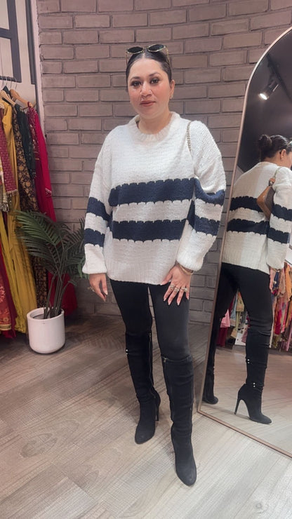 Soleil white Blue  Woolen Sweater